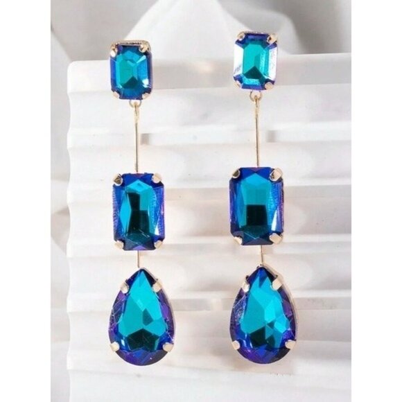 Blue Crystal Drop Dangle Earrings With Gold-Plated Setting For Women - Picture 1 of 2
